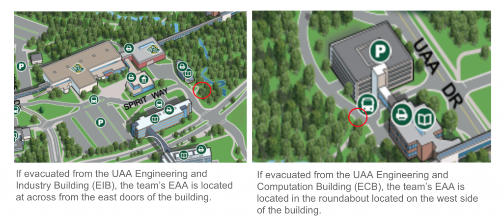 (left) an overhead diagram of the EIB parking lot. A red circle shows the Emergency Assemble area for EIB, which is located on the sidewalk across the drive to the East of the building. A caption reads "If evacuated from the UAA Engineering and Industry Building (EIB), the team's EAA is located across from the East doors of the building." (right) An overhead diagram of the ECB. A red circle shows the Emergency Assembly Area is located near the trees across the drive to the West of the building. It is near the bus stop and the sky bridge to the parking structure. A caption reads "If evacuated from the UAA Engineering and Computation Building (ECB), the team's EAA is located in the roundabout located on the West side of the building.